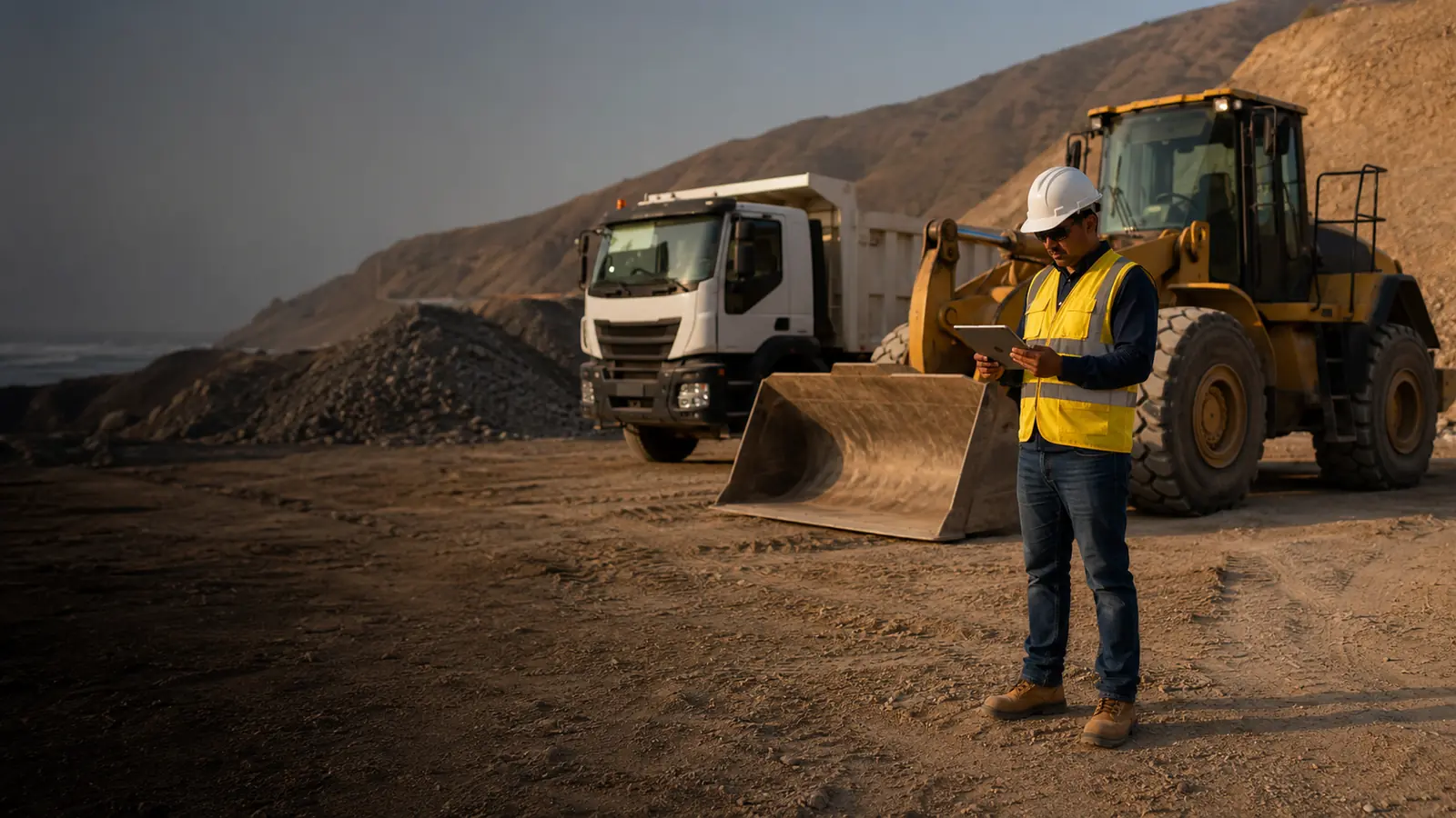 Supervisor revisando un proyecto junto a maquinaria pesada