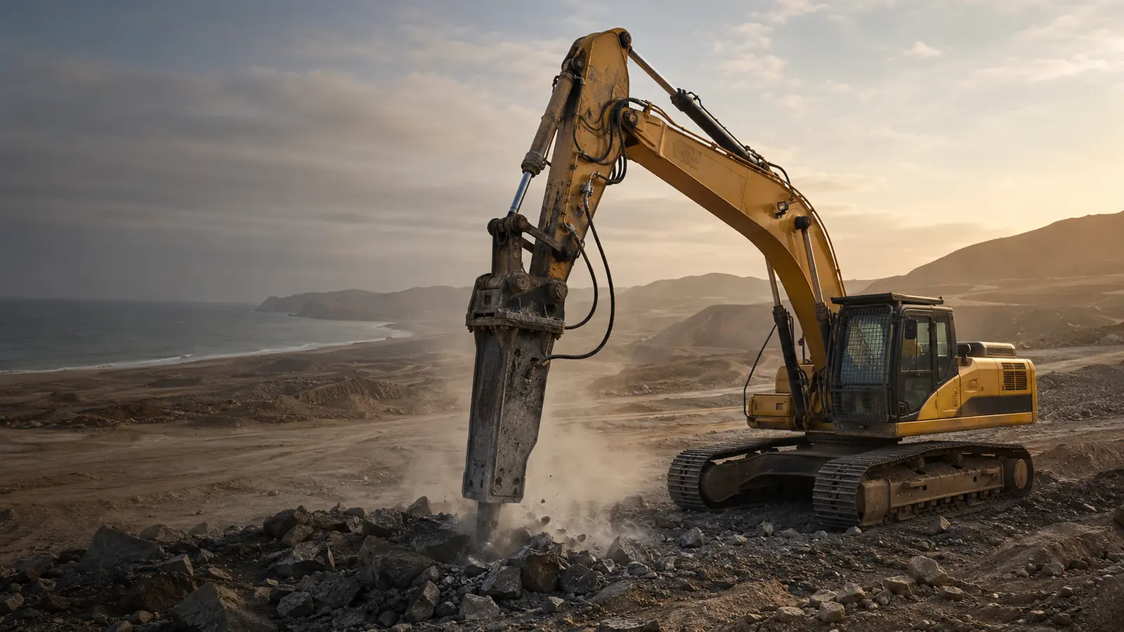 Excavadora con martillo hidráulico trabajando en terreno rocoso